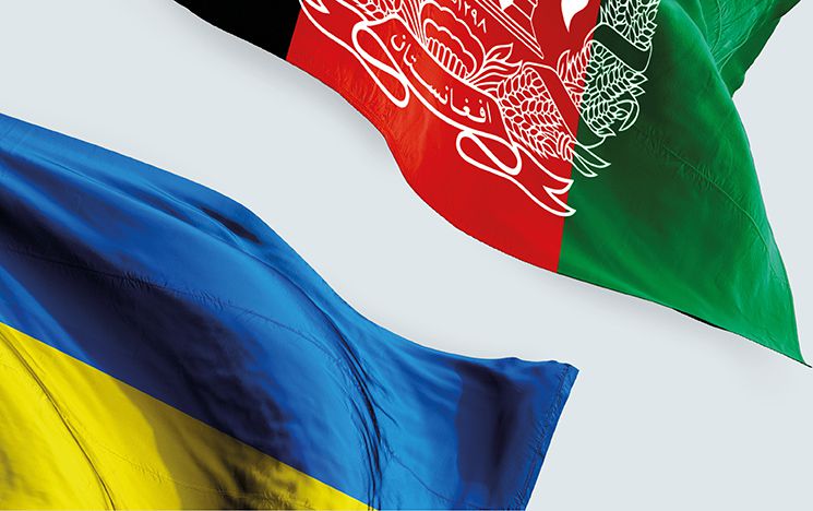 Ukraine and Afghanistan flags waving in wind