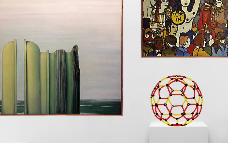 Clockwise from left: A painting by Bert Kitchen, John Upton's Christ's Entry into Brighton and a model of Buckminsterfullerene